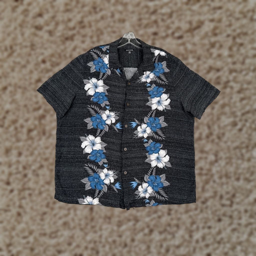George George Shirt Men XL Gray Blue Floral Button Up Hawaiian Rayon Vacation Size US XL / EU 56 / 4 - 1 Thumbnail