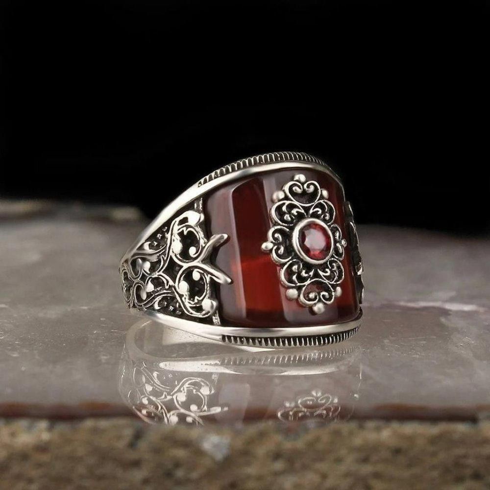Designer Men's Handmade Red Agate Stone Silver Ring - Size 9 Size ONE SIZE - 1 Thumbnail