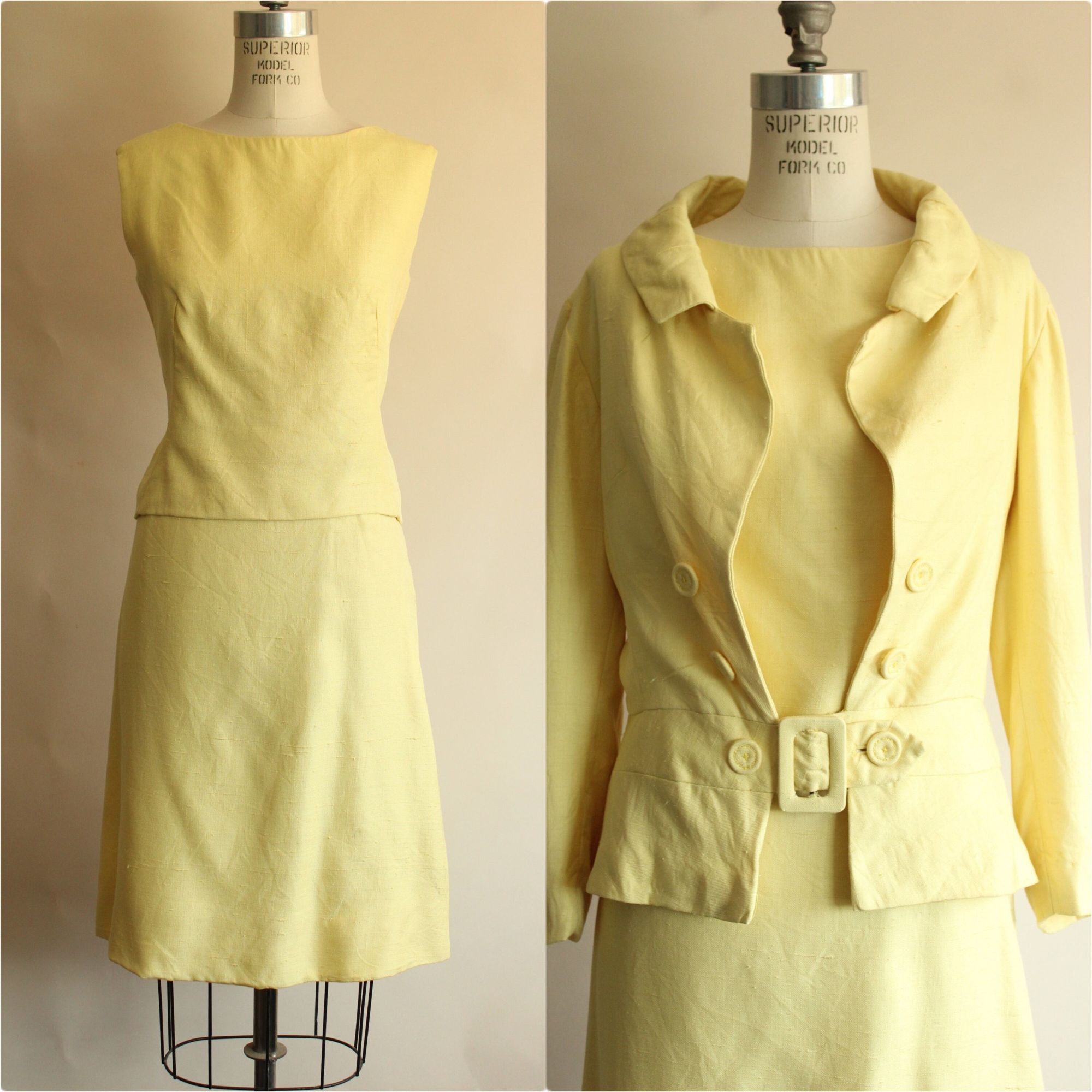 Vintage 1960s Suit Vogue Paris Original Yellow Linen Three
