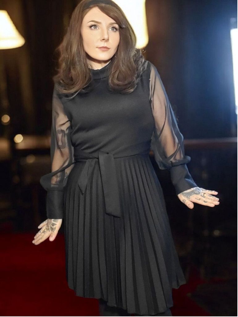 Vintage Vintage 60s Black Pleated Skirt Sheer Long Sleeve Dress Size L / US 10 / IT 46 - 2 Thumbnail