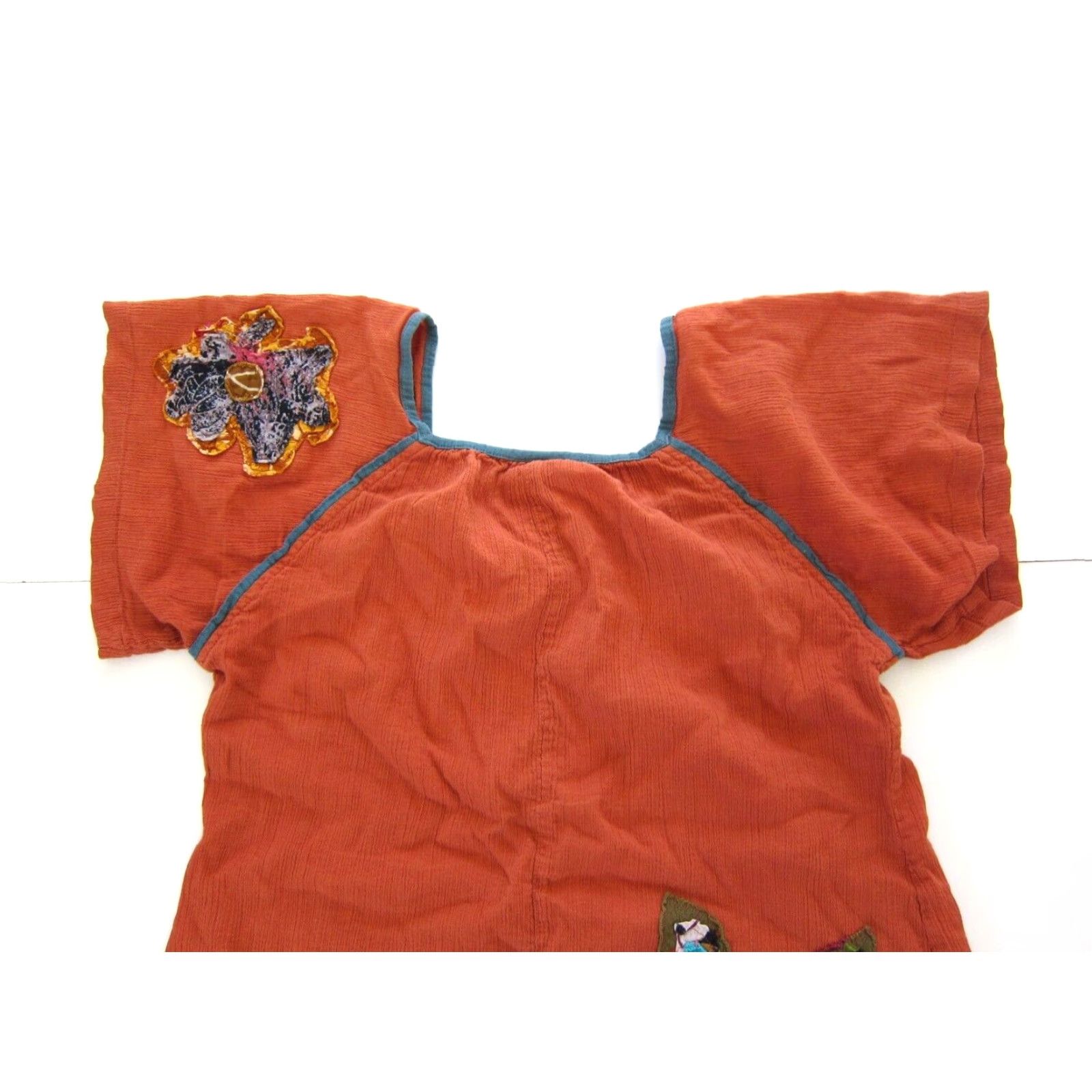 Vintage Sacred Threads Blouse Shirt 100% Cotton Orange Embroidered Floral Short Sleeve Tunic M Women Size M / US 6-8 / IT 42-44 - 6 Thumbnail