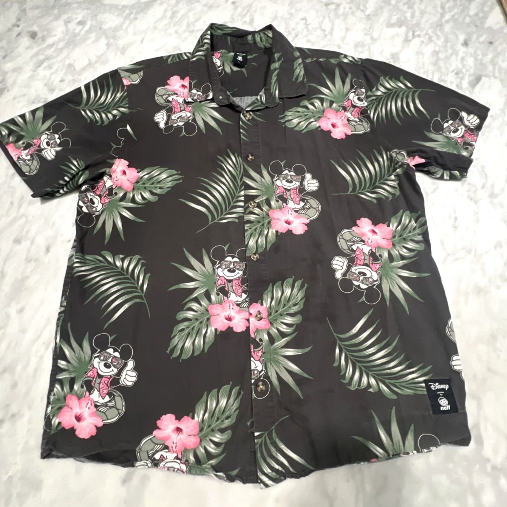 Disney Disney x Neff Button Up Shirt Mens Large Black Hawaiian Floral Mickey Mouse Regular Fit Short Sleeve Cotton Button-Up Women? Size US L / EU 52-54 / 3 - 3 Thumbnail