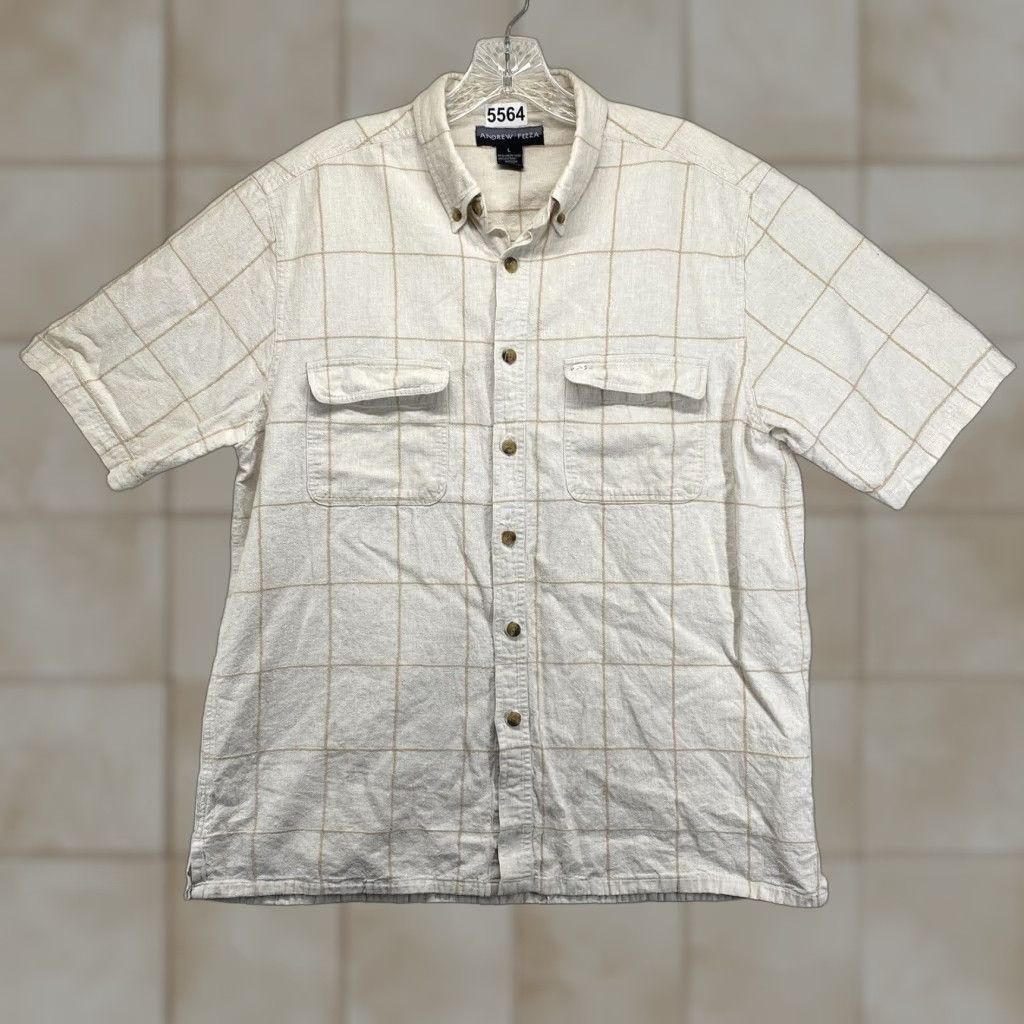 Vintage VINTAGE Andrew Fezza Men's Short Sleeve Button-Down Shirt Woven Linen Blend Checkered Summer Vacation L Beige Size US L / EU 52-54 / 3 - 1 Thumbnail