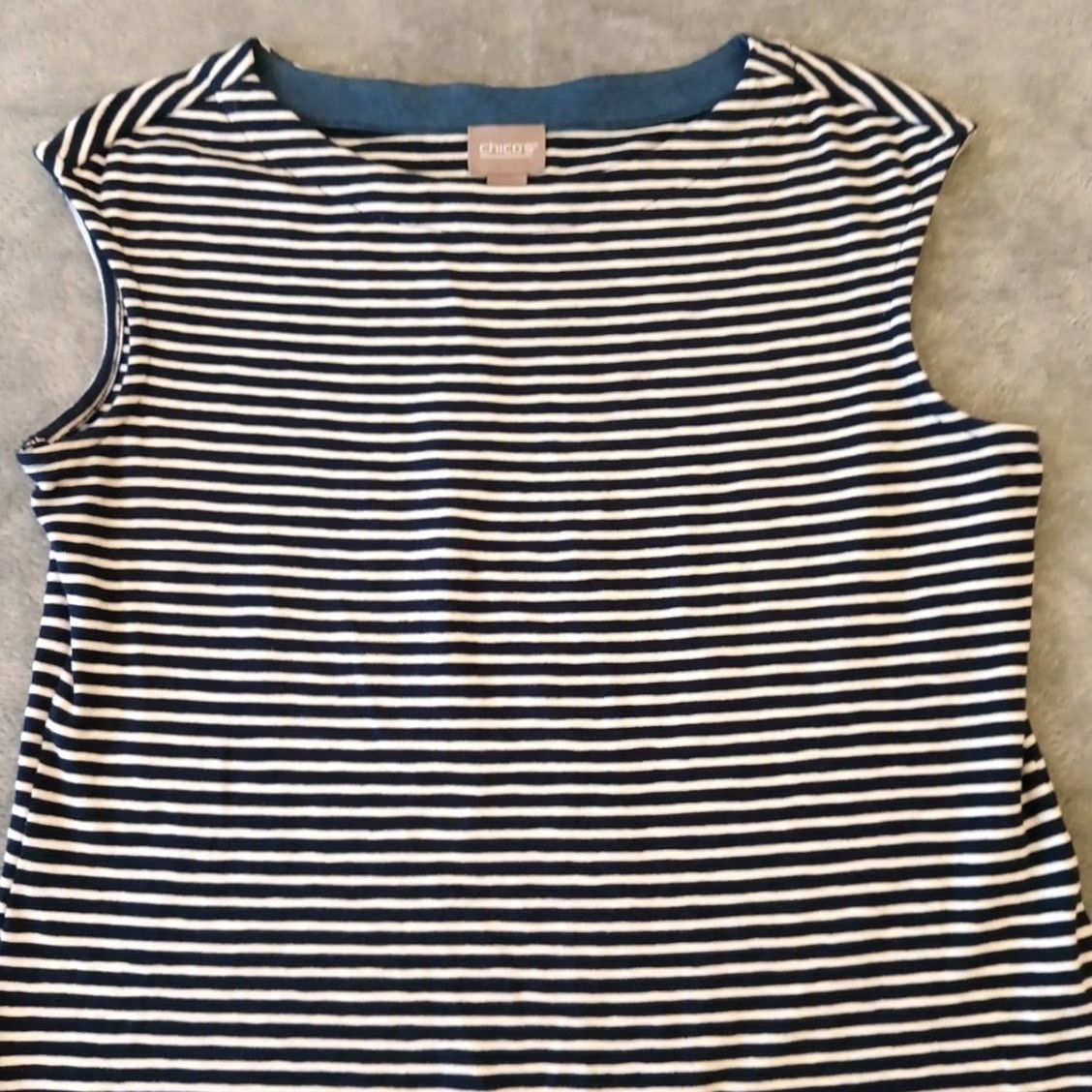 Vintage Chico's Shift Dress Knee Length Blue Striped Sleeveless Pullover Stretch Cotton Blend Casual Women Size 1 with Pockets Size XS / US 0-2 / IT 36-38 - 2 Thumbnail