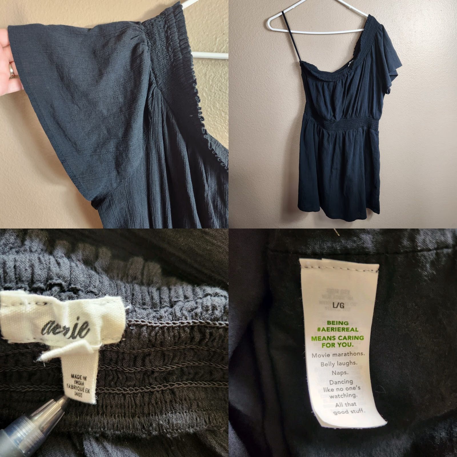 American Eagle Outfitters Aerie Womens L Black Crinkle Cotton Smocked Waist One Shoulder Dress Size L / US 10 / IT 46 - 8 Thumbnail