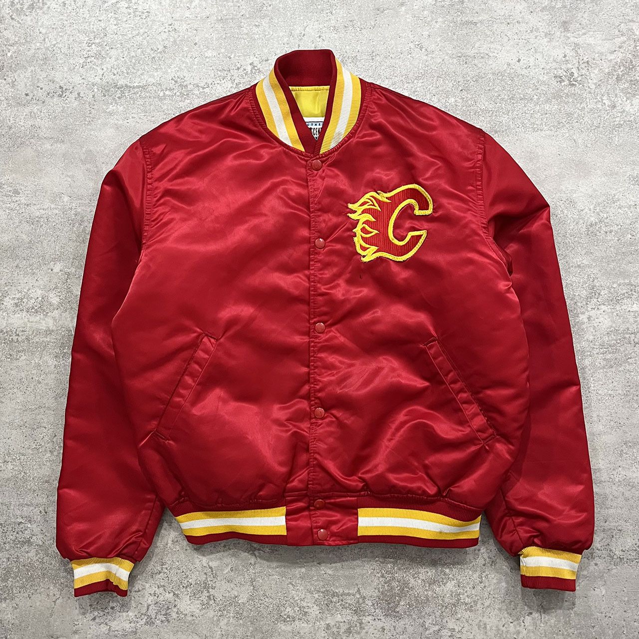 image of VTG 90's Nhl Calgary Flames Satin Bomber Jacket Made In Usa in Red, Men's (Size Large)