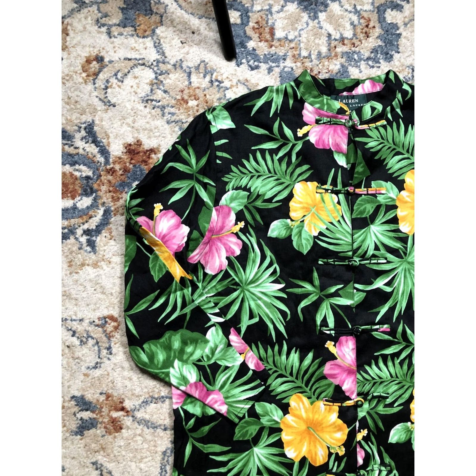 Ralph Lauren Lauren Ralph Lauren Jacket Womens Medium Black Linen Floral Hawaiian Tunic Top Size M / US 6-8 / IT 42-44 - 3 Thumbnail