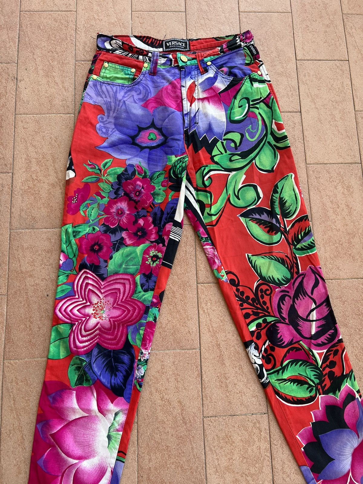 Versace × Vintage Versace Pants Trousers Blue Flower Floral Print 90s Cotton Size 34" / US 12 / IT 48 - 3 Thumbnail