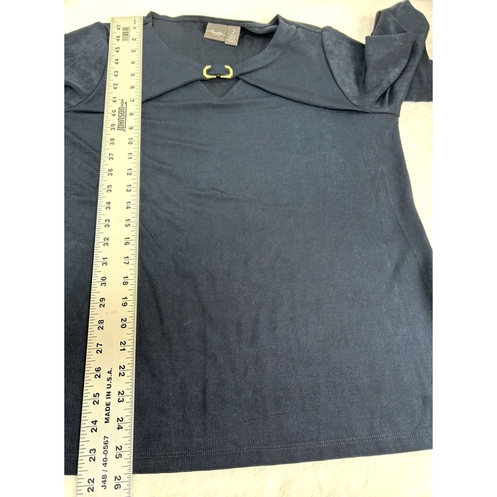 Vintage Chico's Travelers Flare Split Sleeve Top Size 2 Navy Slinky Knit Keyhole Neck Size XS / US 0-2 / IT 36-38 - 8 Thumbnail