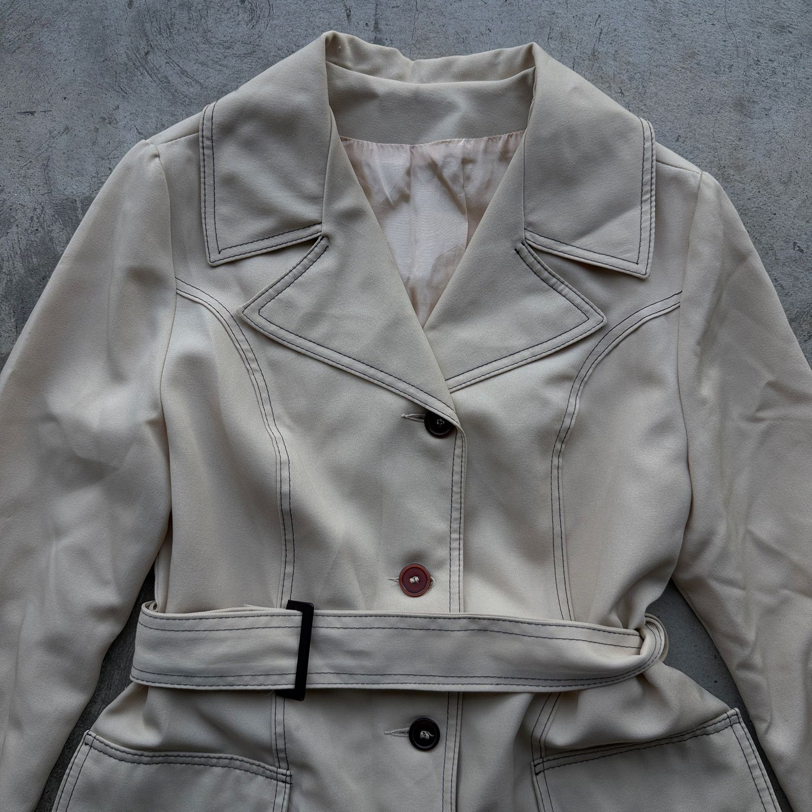 Other Vintage 70s Cream Mod Trench Jacket Belted Contrast Stitch Size M / US 6-8 / IT 42-44 - 2 Thumbnail