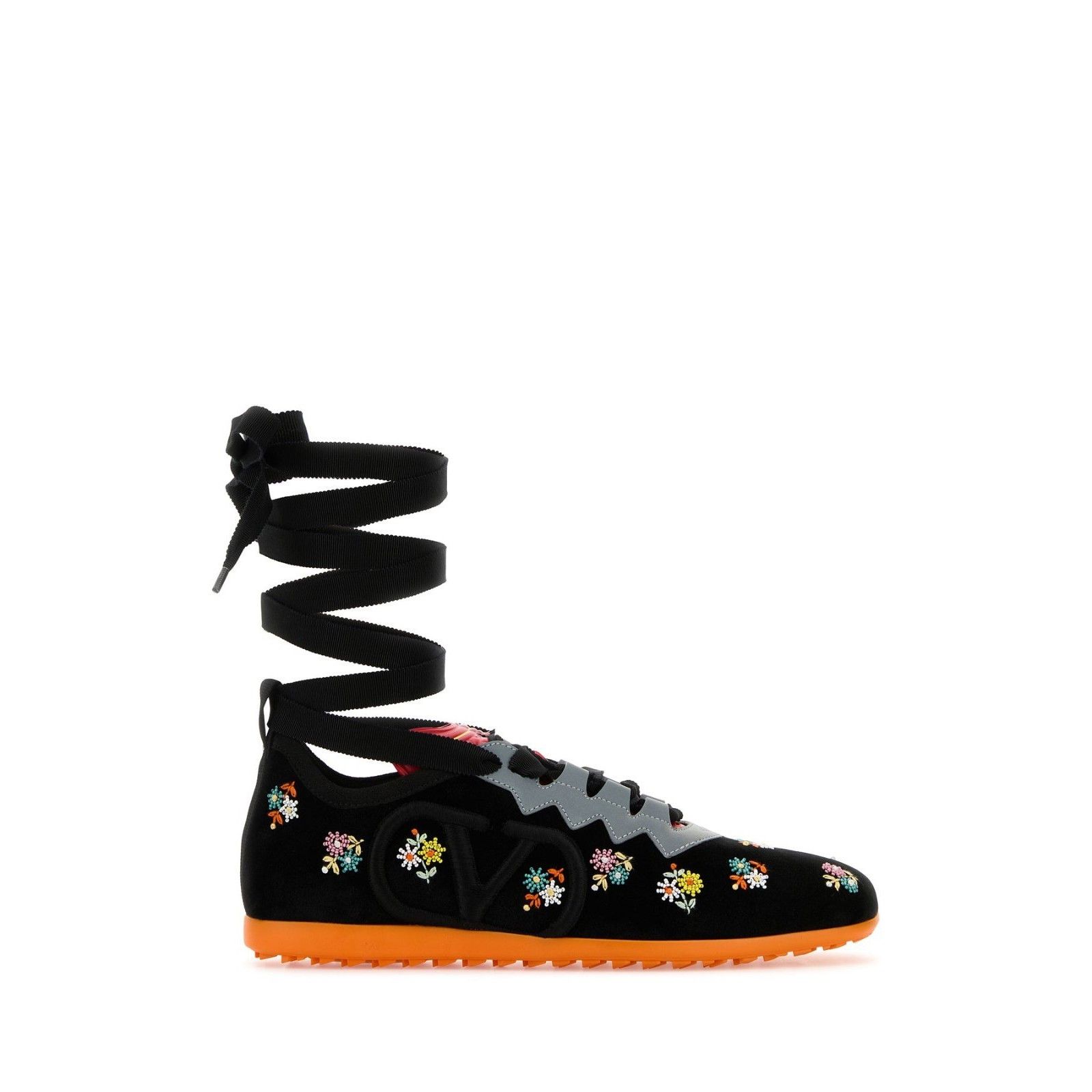 VALENTINO GARAVANI Lace Up Chromathon Flower Black Velvet Sn