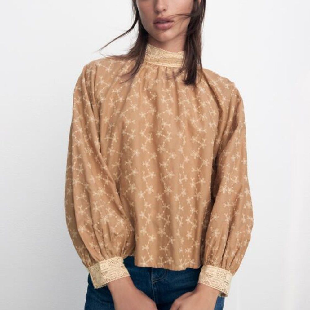 Zara NWT New Zara Beige EMBROIDERED ROMANTIC BLOUSE Size XS Size XS / US 0-2 / IT 36-38 - 1 Thumbnail