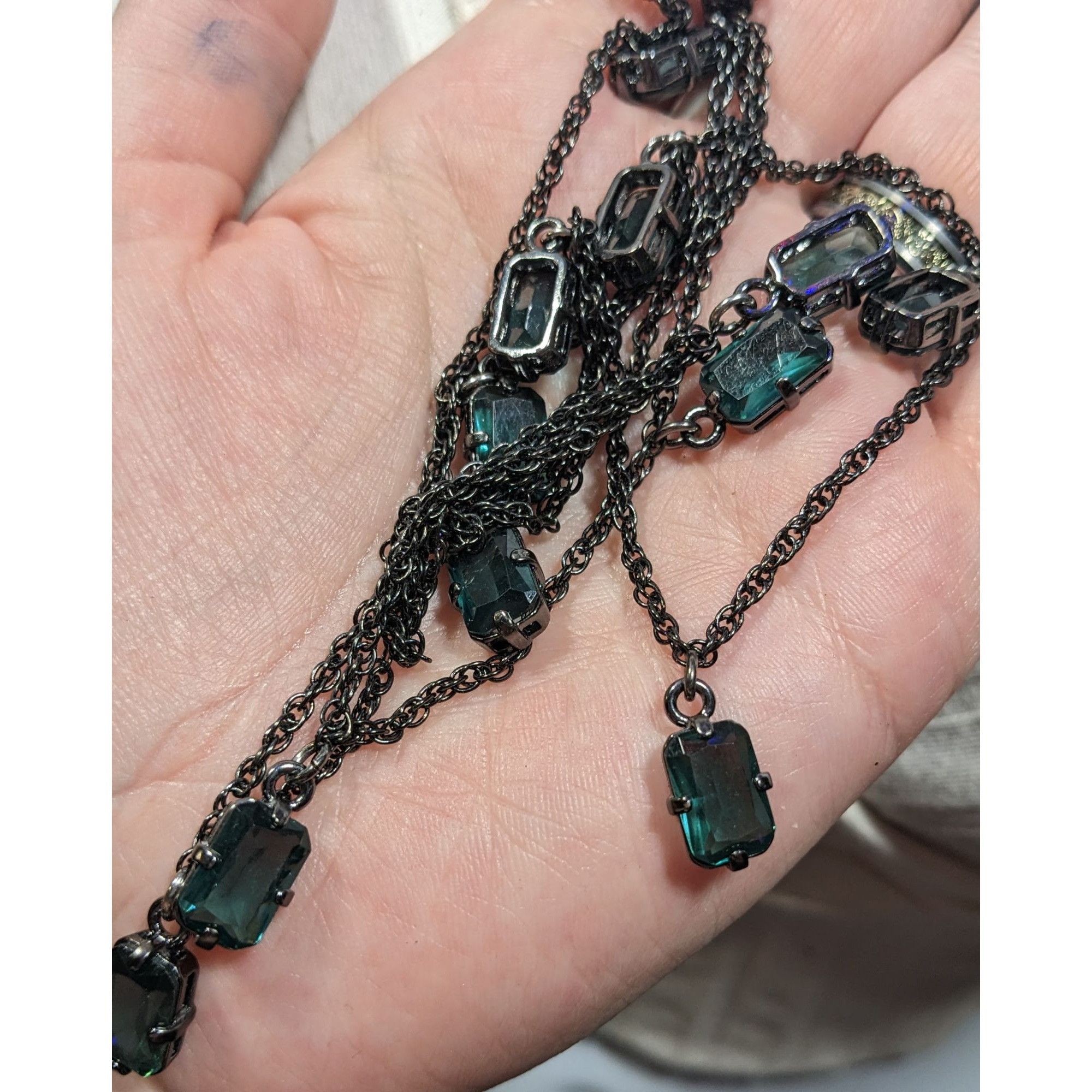 Other Gothic Green Gemmed Gunmetal Tone Charm Necklace Size ONE SIZE - 4 Thumbnail