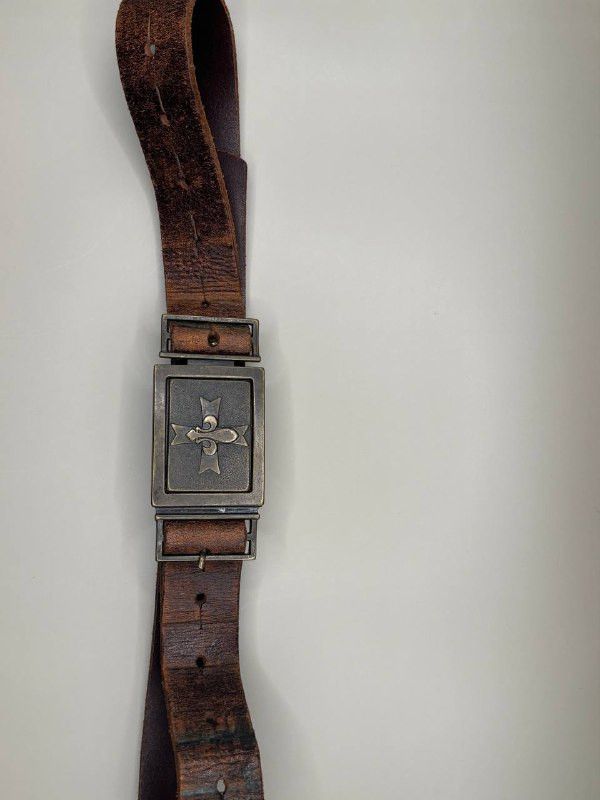 Vintage Vintage Distressed Leather Belt - Fleur-de-lis Plaque Buckle Size ONE SIZE - 5 Thumbnail