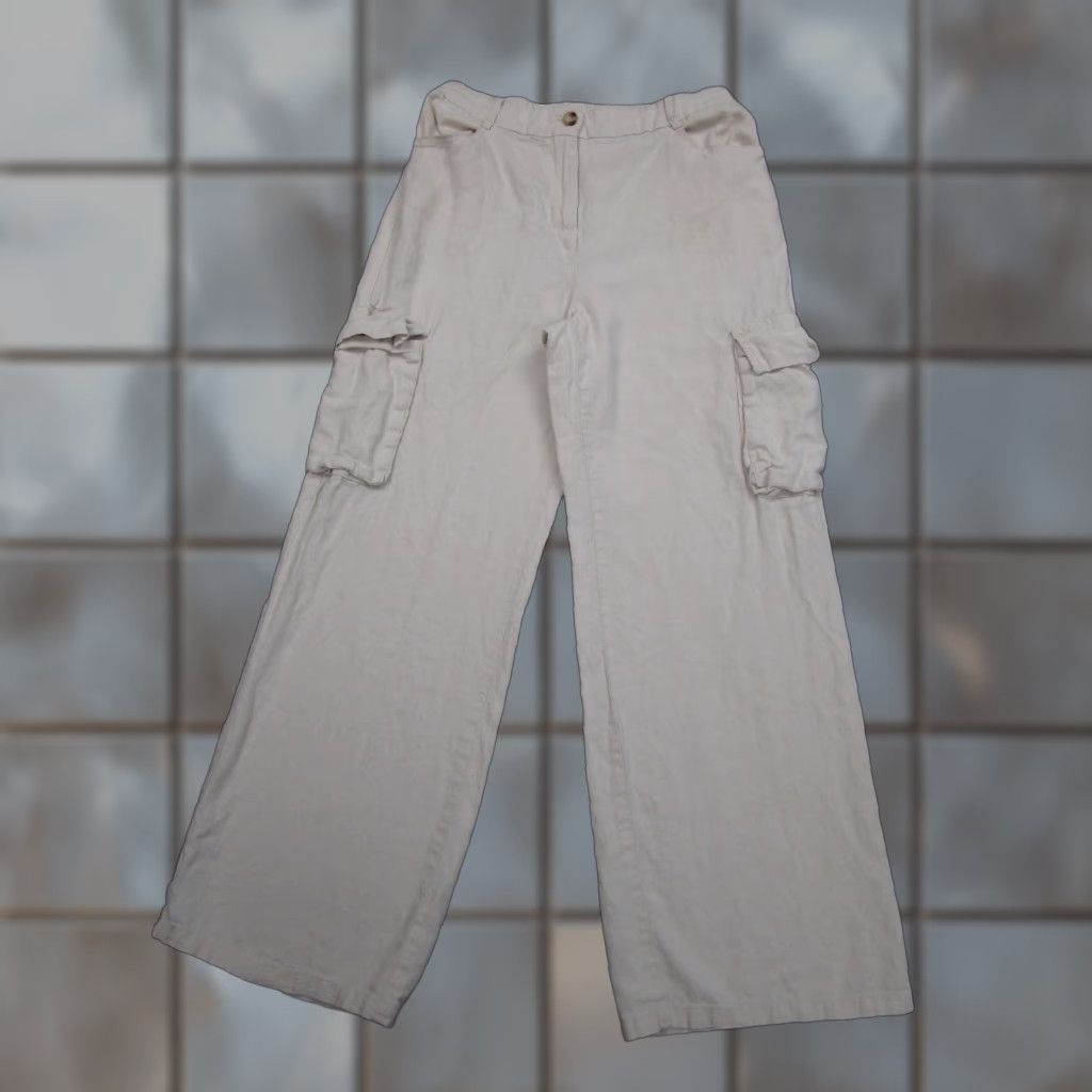 Vintage HG Pants Womens L Beige Linen Rayon Wide-Leg Cargo Beach Coastal Resort Casual Size 36" / US 14 / IT 50 - 1 Thumbnail