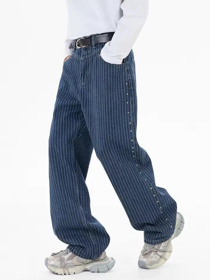 Jean Streetwear Designer Striped Rhinestone Baggy Jeans Size US 31 - 1 Thumbnail