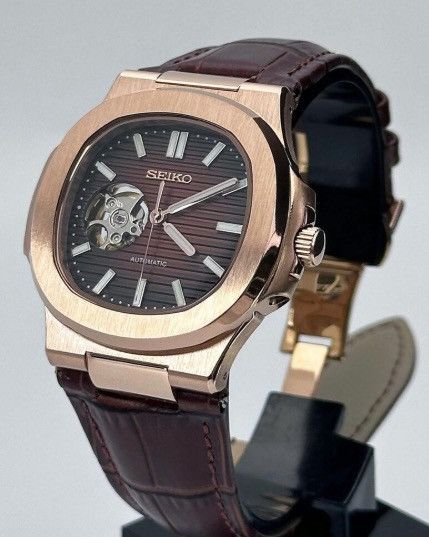 Japanese Brand Seiko Mod Nautilus Brown Open Dial Rose Watch Leather Strap Size ONE SIZE - 2 Thumbnail