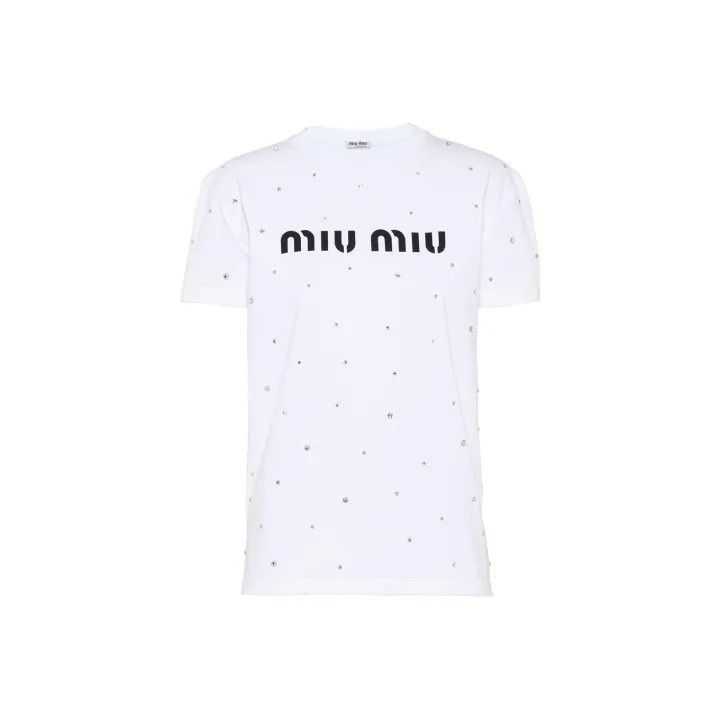Miu Miu Miu Miu Logo Print Bejeweled White T-Shirt 0079 Size S / US 4 / IT 40 - 1 Thumbnail