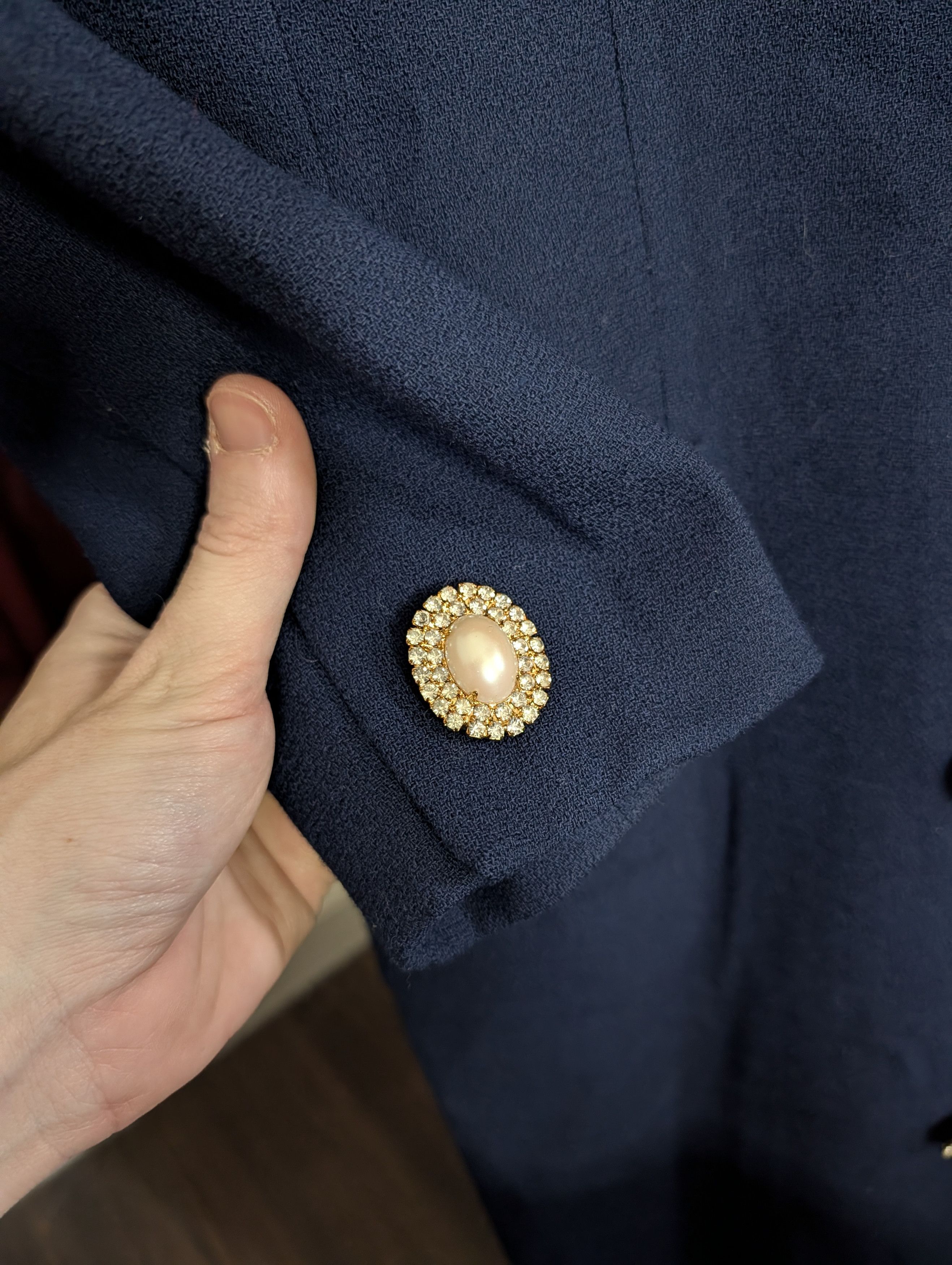 Pierre Balmain 80s VTG Navy Wool Pearl Crystal Gold Button Coat Dress Size L / US 10 / IT 46 - 5 Thumbnail
