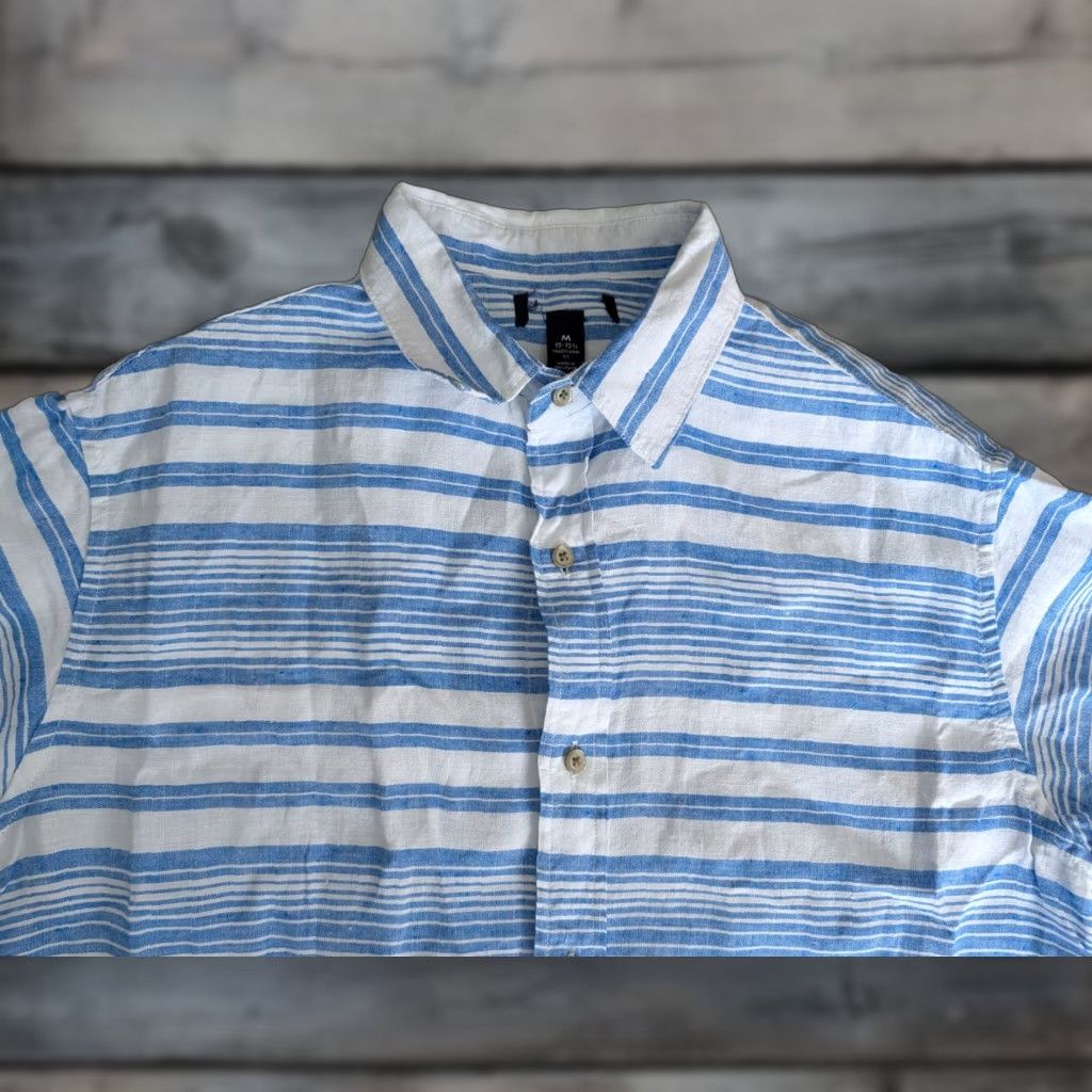 Lands' End Lands' End Button-Up Shirt Mens M Linen Short Sleeve Striped Blue White VGUC Trad Fit Size US M / EU 48-50 / 2 - 1 Thumbnail