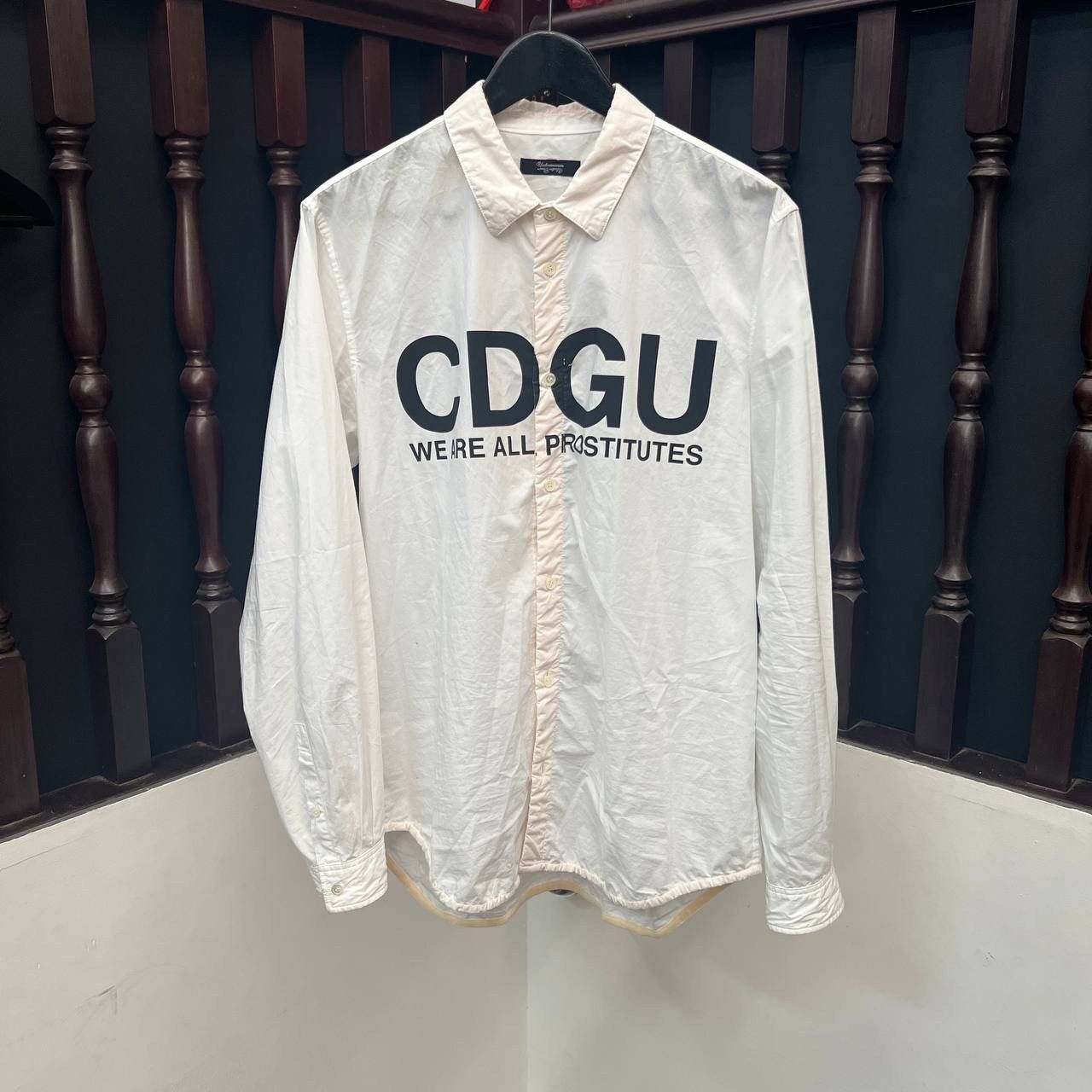 image of Comme Des Garcons x Undercover Cdgu “We Are All Prostitutes” Long Sleeve Shirt in White (Size Large