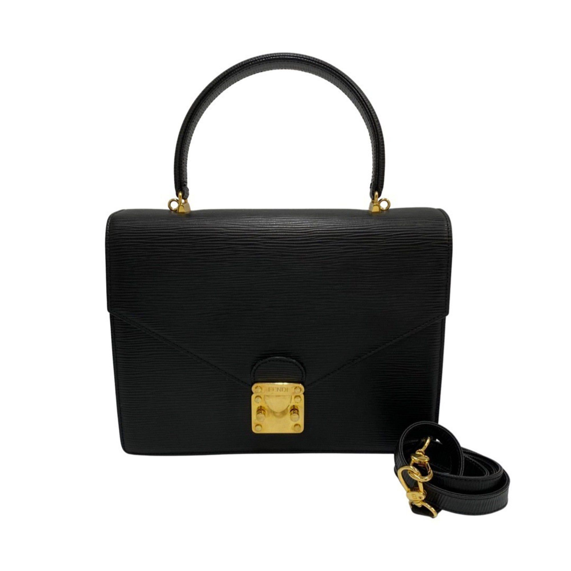 image of Fendi Logo Metal Fittings Epi Leather Genuine 2Way Handbag Shoulder Bag Black, Women's