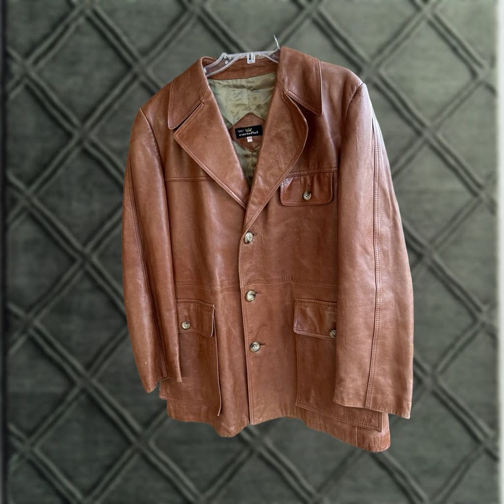 Vintage VINTAGE Cortefiel Men's Leather Safari Jacket 70s Made In Spain 44 Brown Leather Trench Coat Mens Jacket Size US S / EU 44-46 / 1 - 1 Thumbnail