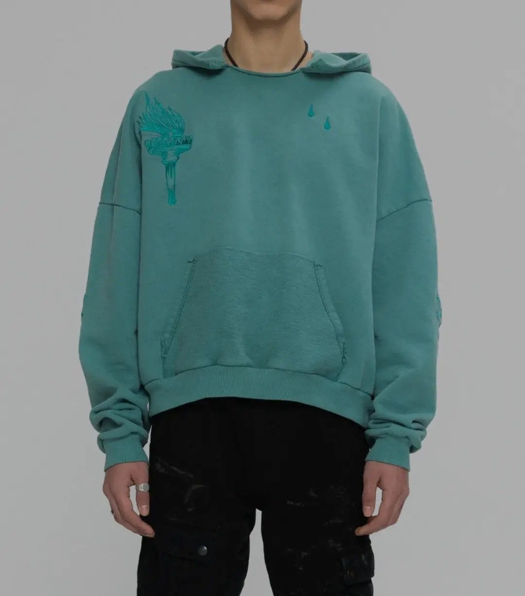 Sangiev Sangiev Turquoise Cropped Embroidered Hoodie Size US M / EU 48-50 / 2 - 1 Thumbnail