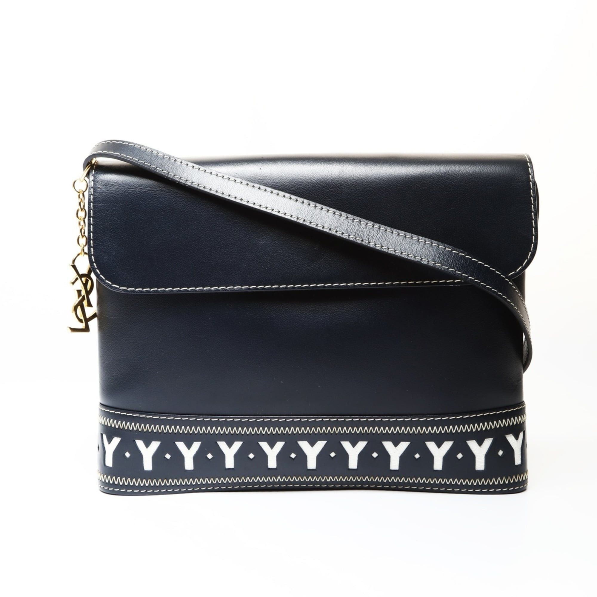 Yves Saint Laurent Yves Saint Laurent YSL Y-cut logo leather shoulder bag, navy. Size ONE SIZE - 1 Thumbnail