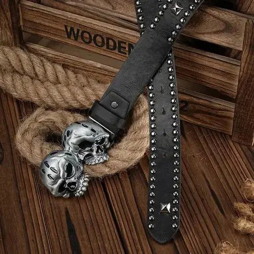 Leather Vintage Twin Skull Head Belt Size ONE SIZE - 1 Thumbnail