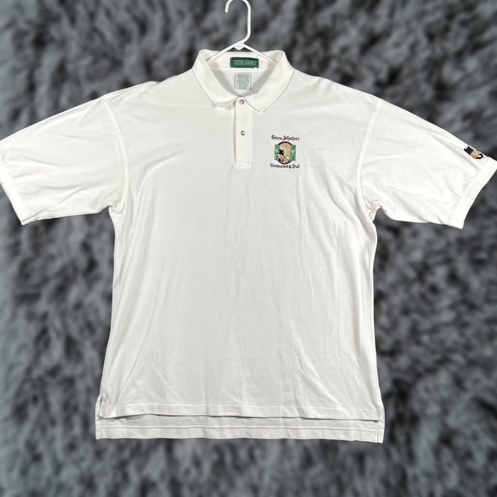 Vintage Outer Banks Polo Shirt Mens 2XL White Solid Embroidered Green Shutters Restaurant Pub Logo Polo Shirt Mens 2XL White Green Shutters Embroidered Size US XXL / EU 58 / 5 - 1 Thumbnail