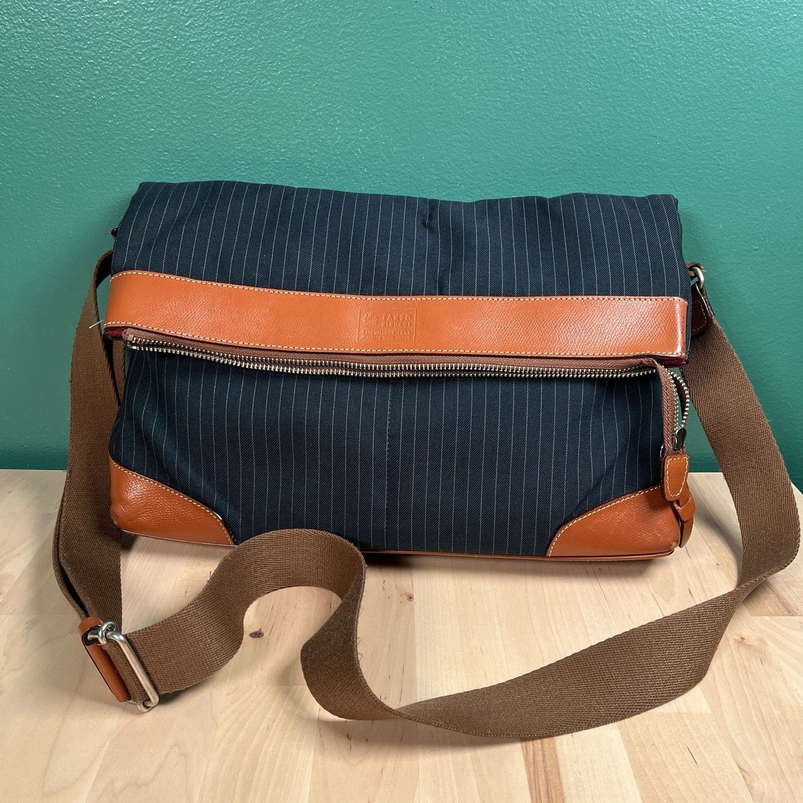 Takeo Kikuchi Blue Pinstripe Shoulder Bag Leather Trim Japan