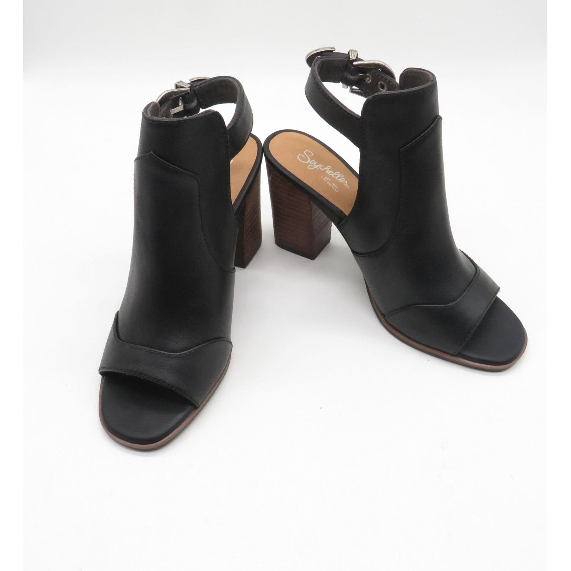Seychelles Seychelles Women's Black Leather Peep-Toe Heeled Sandals Sil Size US 6 / IT 36 - 3 Thumbnail