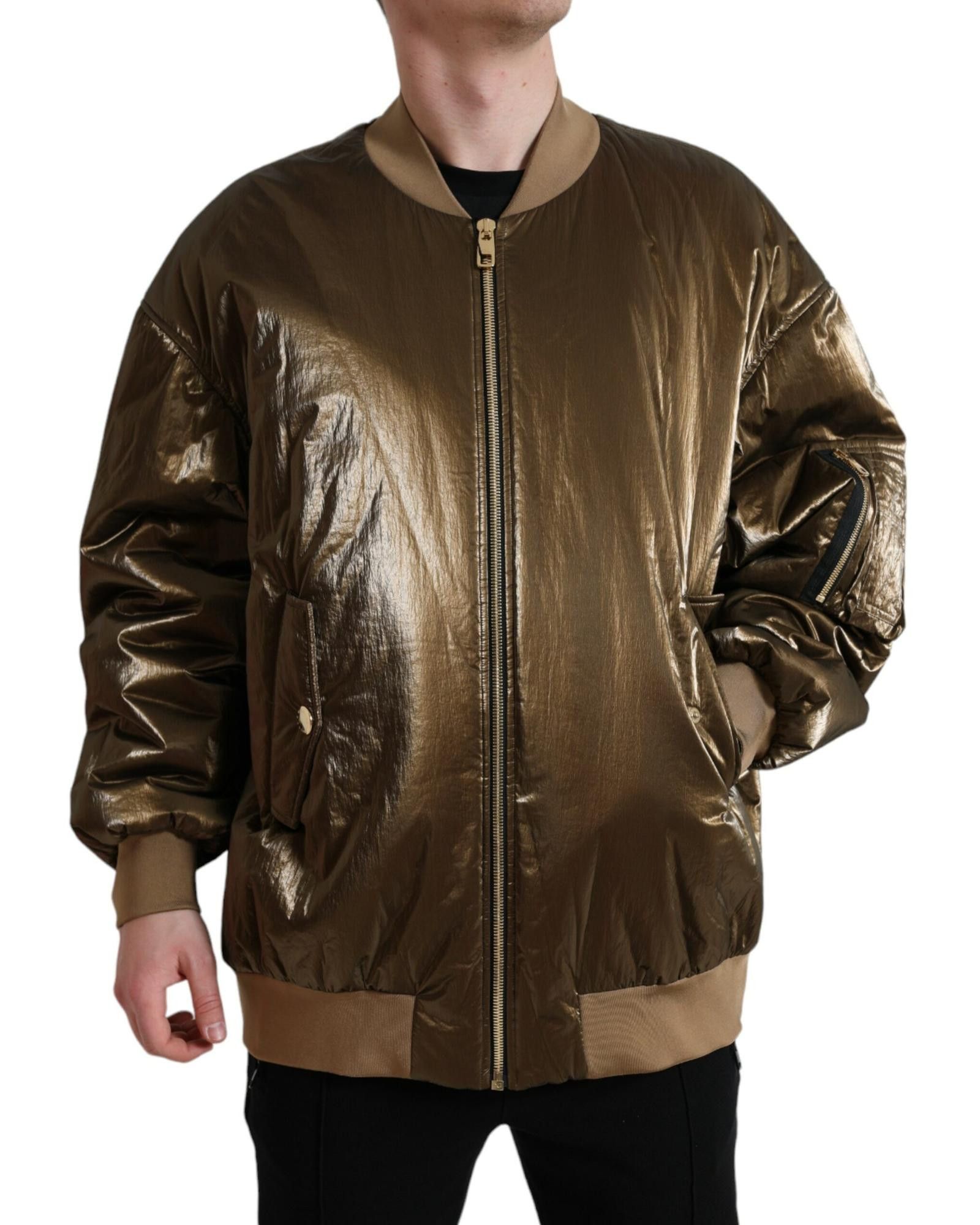 image of Dolce Gabbana Full Zip Nylon Bomber Jacket in Bronze, Men's (Size XL)