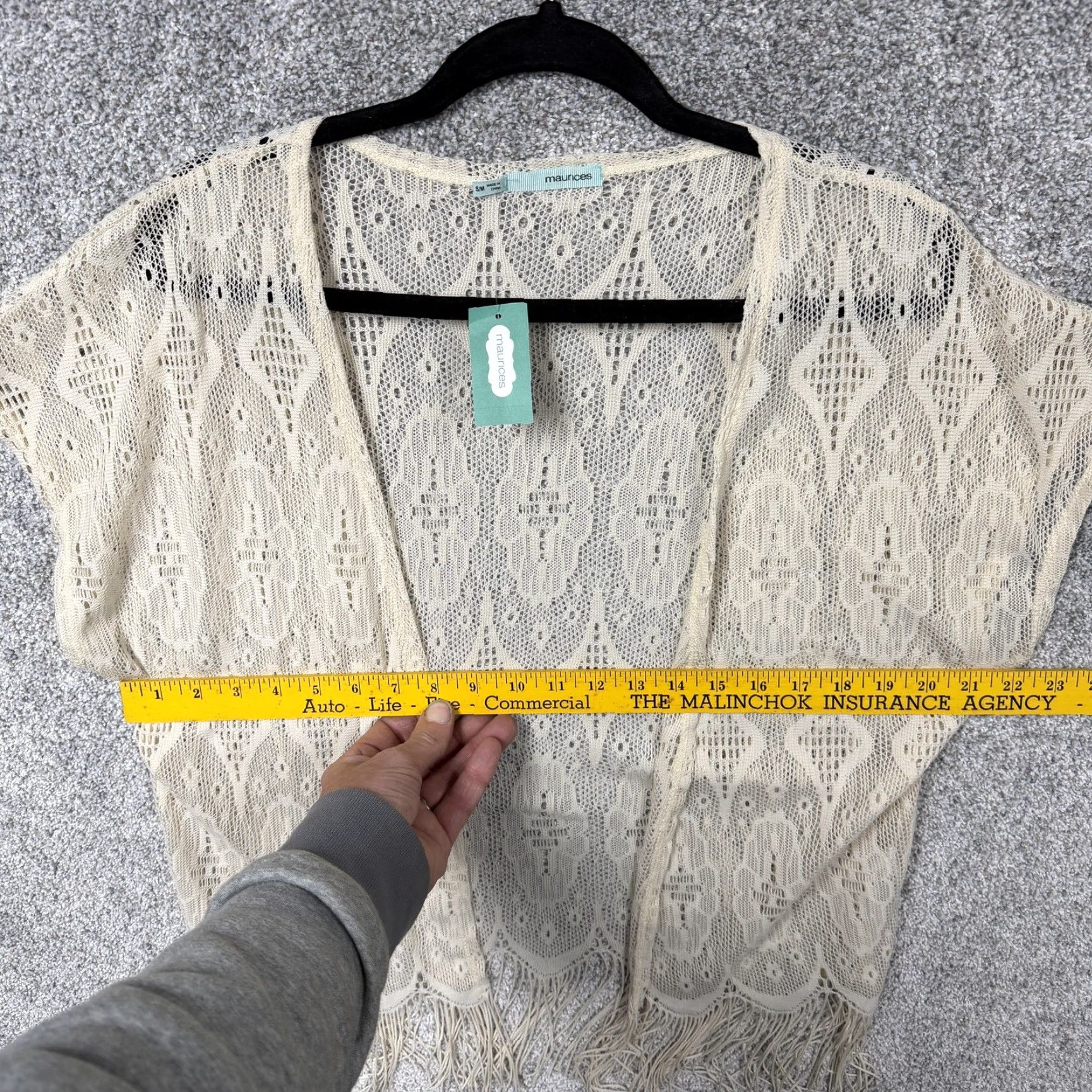 Vintage Maurices Cardigan S/M Cream Crochet Lace Fringe Kimono Sleeve Open Front Boho Festival Hippie Chic Women Shirt Sweater Geometric Pattern Size S / US 4 / IT 40 - 5 Thumbnail