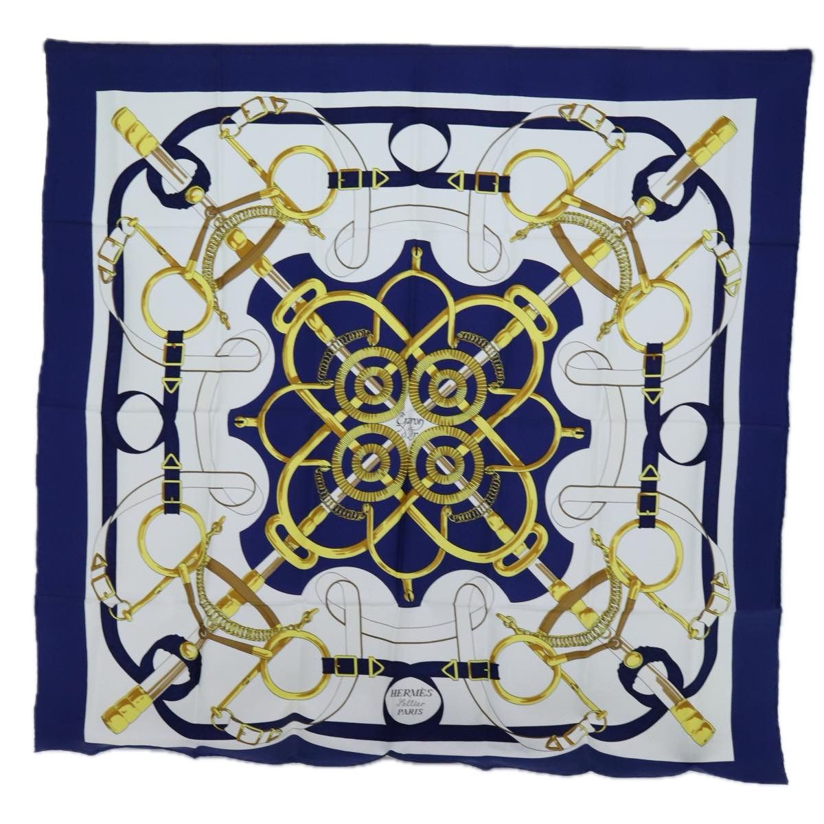 image of Hermes Carre 90 Eperon D'or Scarf Silk Blue Auth Am6085, Women's