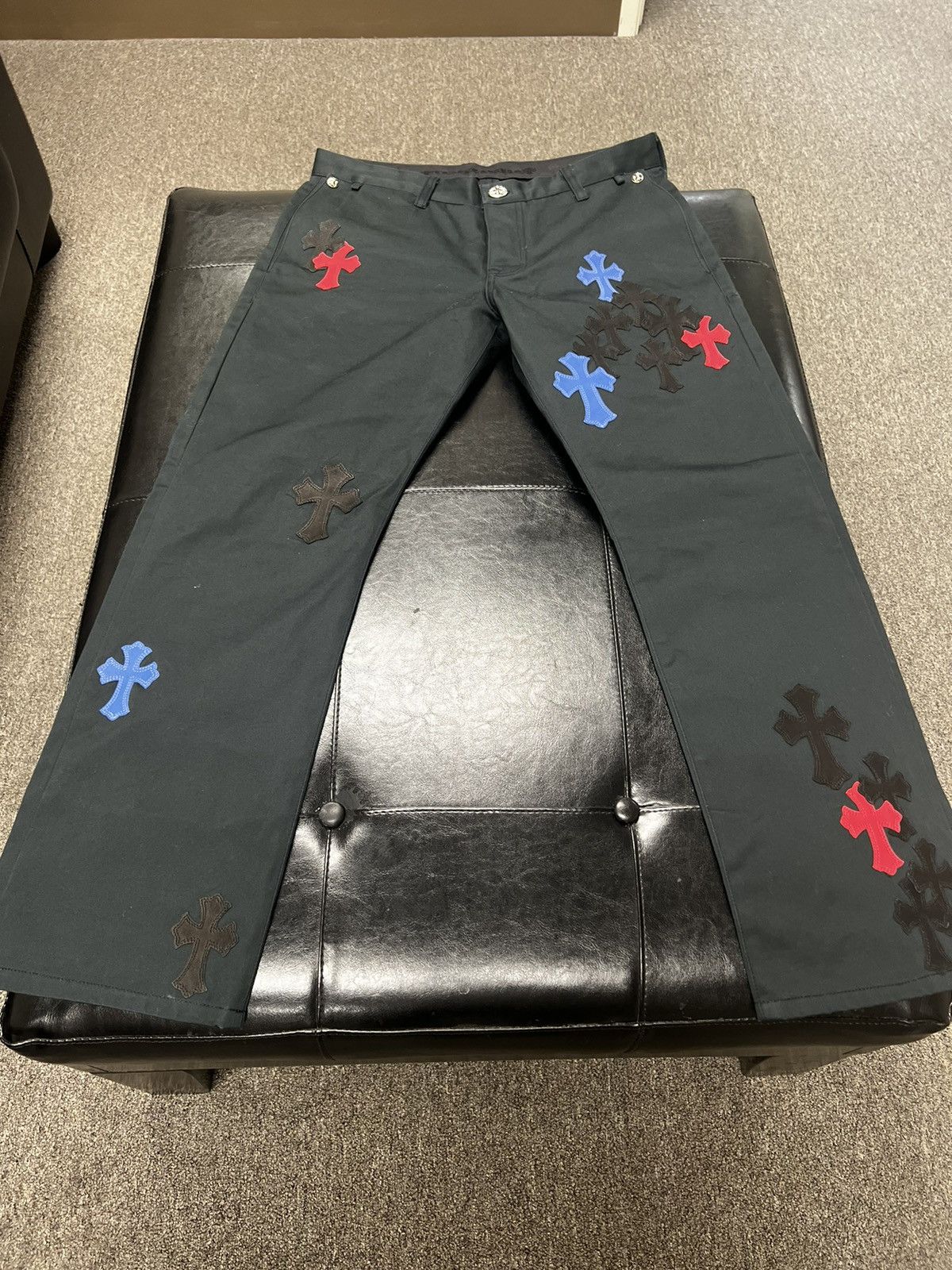 image of Chrome Hearts Multicolor Cross Patch Chinos in Blue/Red, Men's (Size 34)