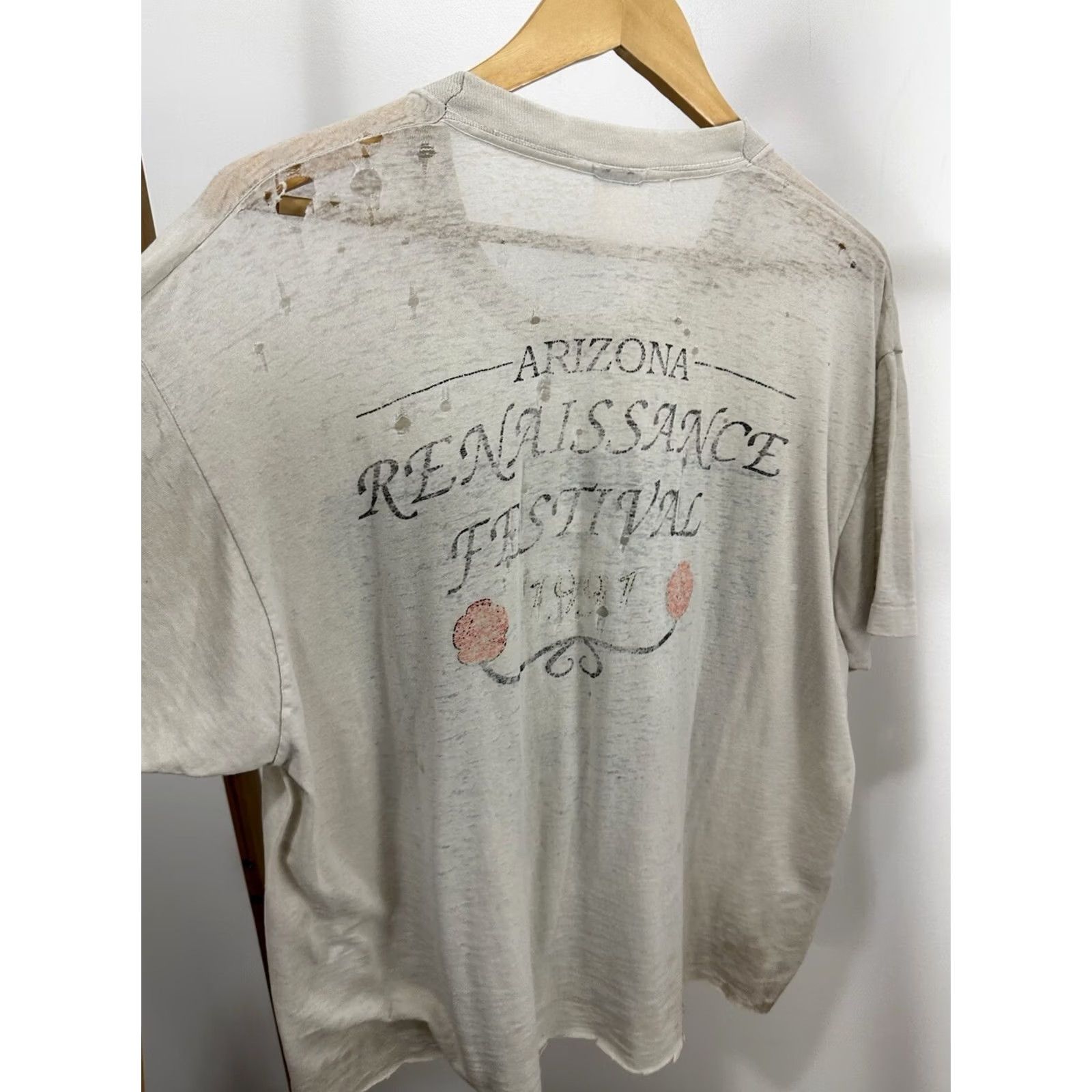 Vintage VTG Wizard Gandalf Renaissance Festival Paper Thin Burnout Worn Boxy T-Shirt XL Cream Mens Short Sleeve Cropped Distressed 90s Theme Shirt Size US XL / EU 56 / 4 - 4 Thumbnail