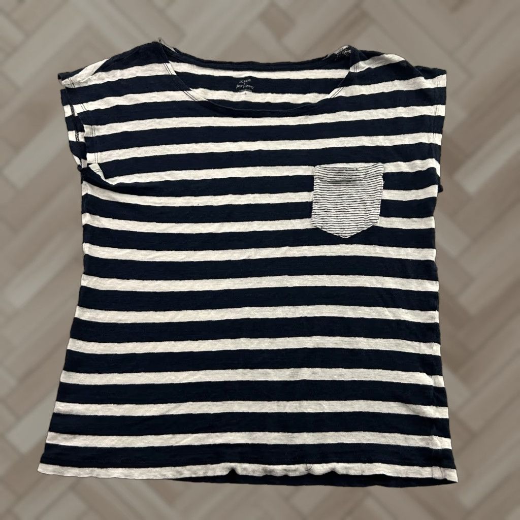 J.Crew J.Crew Linen Short Sleeve Striped Pocket Top Women's S Blue White 100% Linen Multicolor Pocket Size S / US 4 / IT 40 - 1 Thumbnail