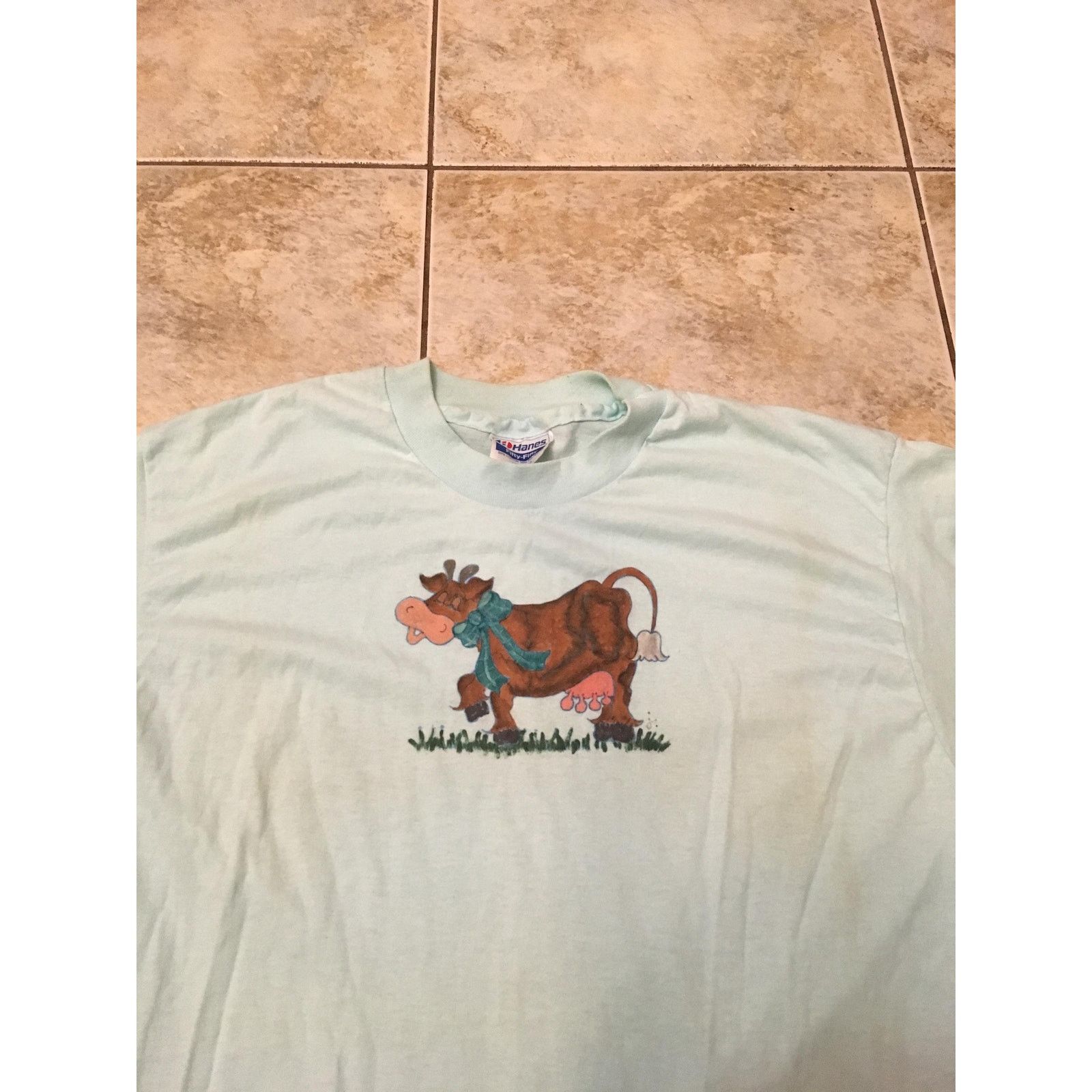 Hanes Vintage cow hand drawn painted T shirt size large 1990s 80s Size US L / EU 52-54 / 3 - 2 Thumbnail