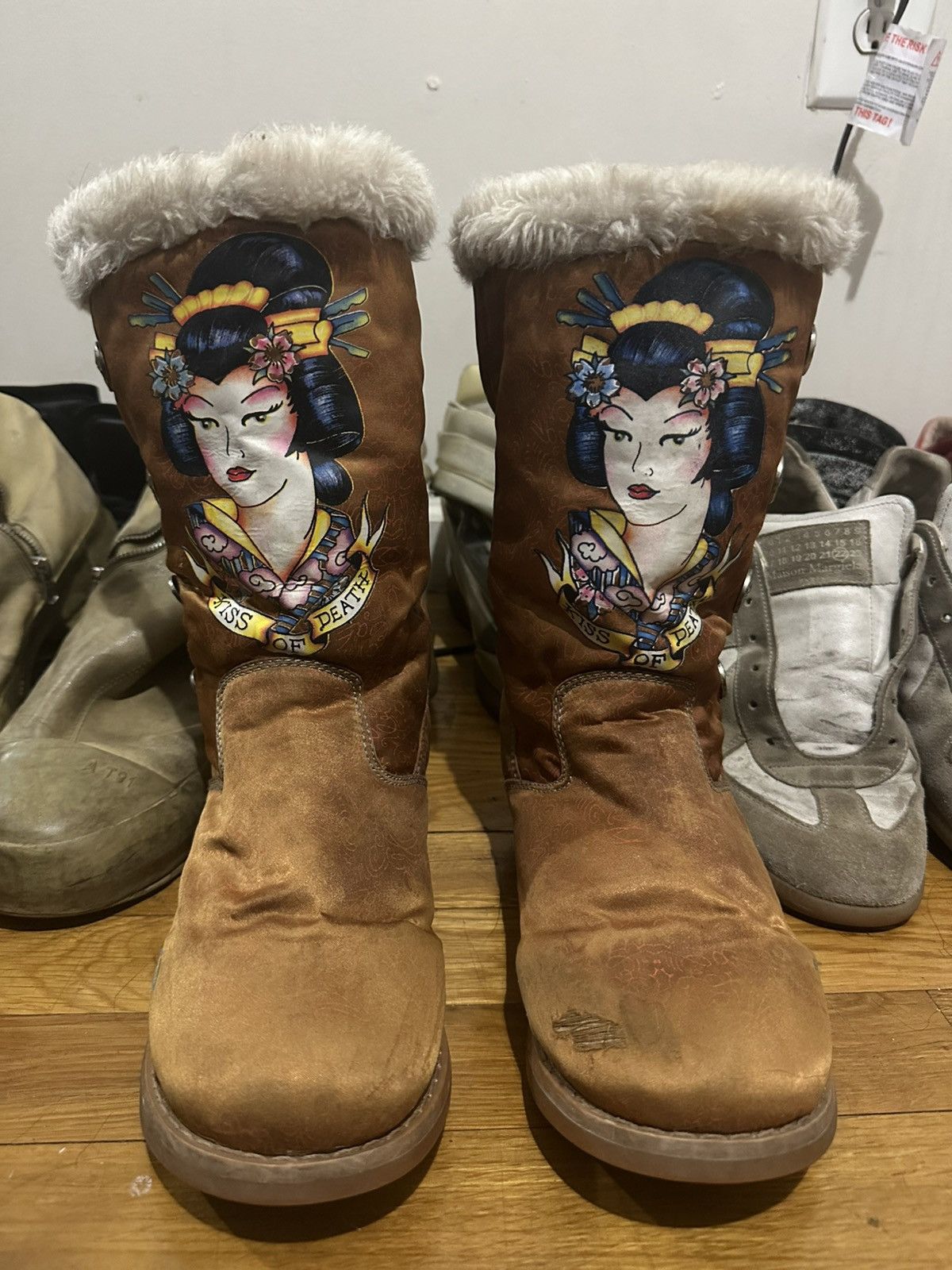 激レア DON ED HARDY エドハーディ ムートンロングブーツ 7 24cm位 Ed Hardy Ed hardy high top knee high shoes | Grailed