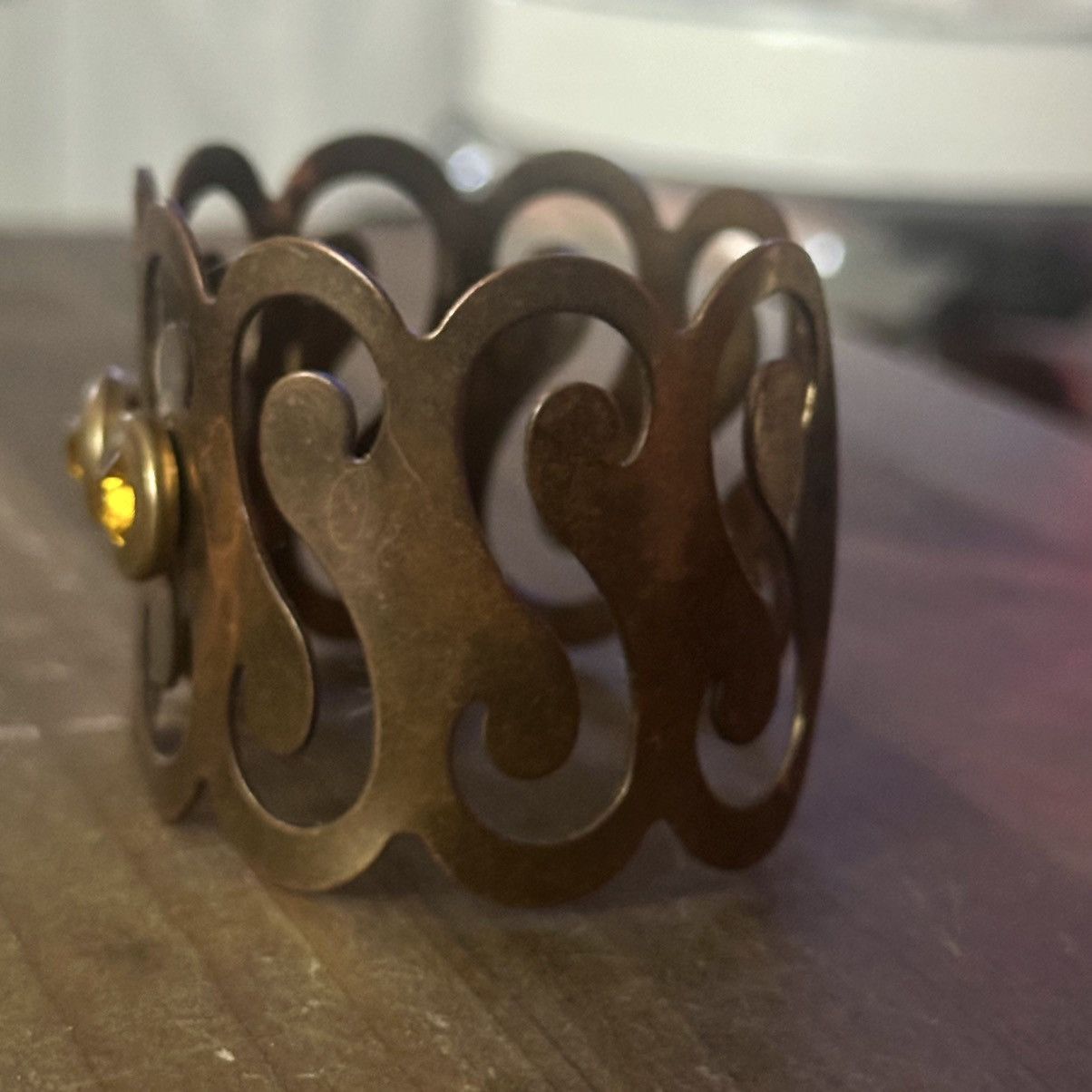 Vintage Vintage wide brass cut out amber stones cuff bracelet Size ONE SIZE - 6 Thumbnail