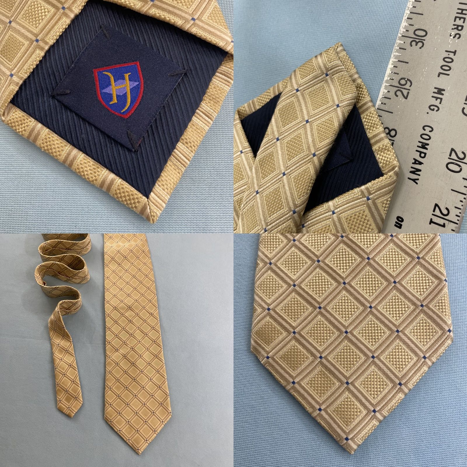 Vintage VINTAGE Henry Jacobson Silk Tie Necktie Geometric Dots Yellow Gold Blue 57"-60" 4x60 Mens Size ONE SIZE - 8 Thumbnail