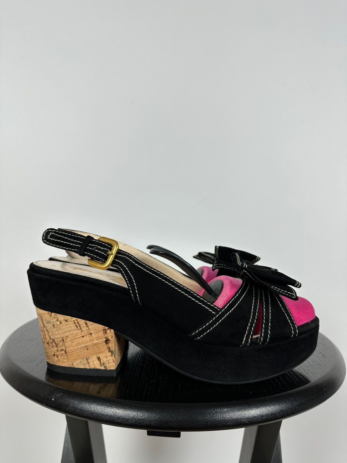 Prada Prada Black Suede Leather Bow Platform Sandals Size US 8 / IT 38 - 6 Thumbnail