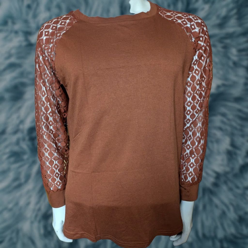 Alife VINTAGE Halife Womens Long Sleeve Shirt Lace Sleeves Blouse Rust Brown NEW NWT 2XL Rayon 2XL Womens Blouse Long Sleeve Crew Neck Lace Bodice Brown Size XXL / US 16-18 / IT 52-54 - 1 Thumbnail