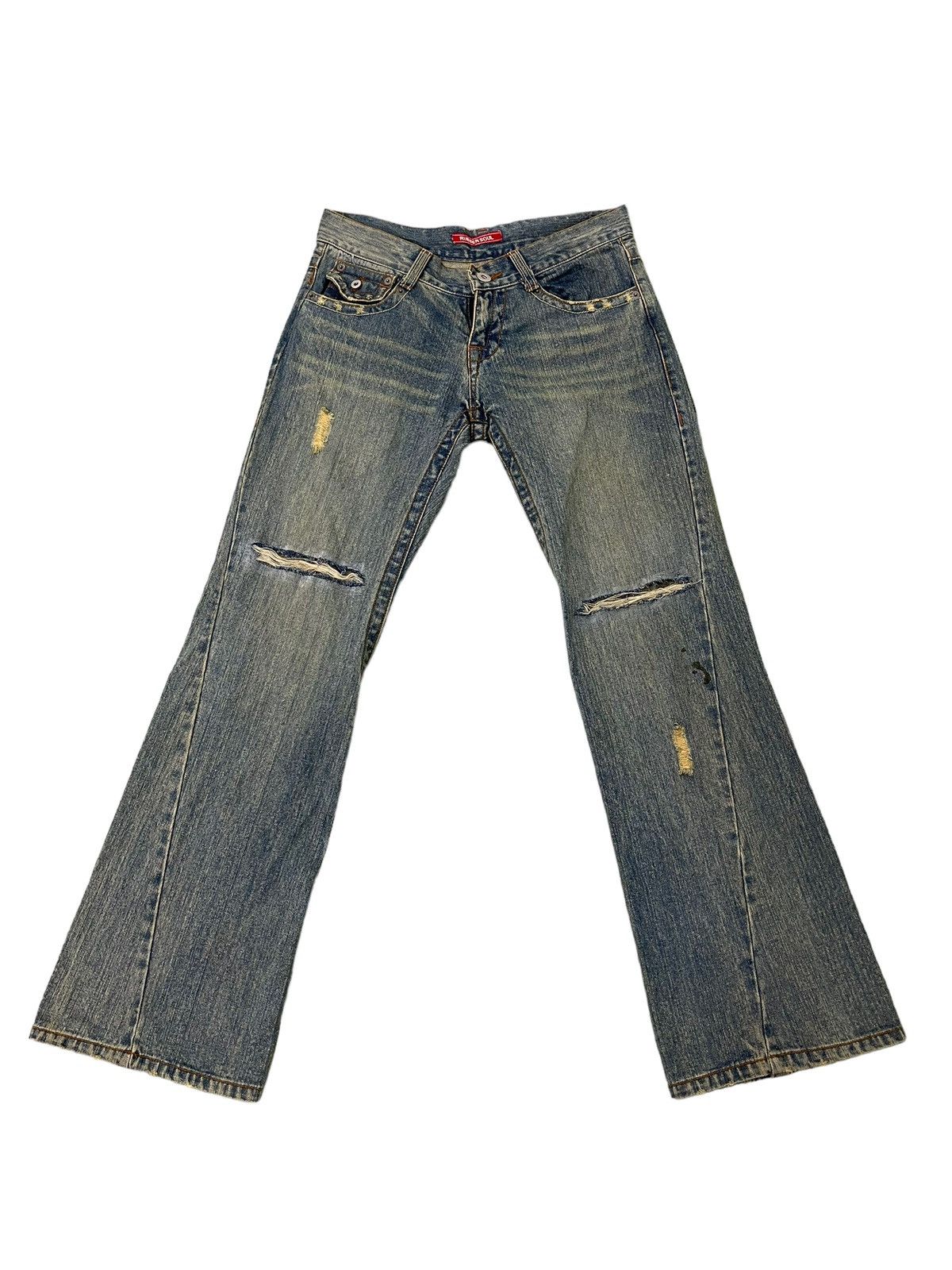 Japanese Brand Flare Jeans Rubber Soul Distress Boot Cut 8🟦0 Size US 33 - 2 Thumbnail