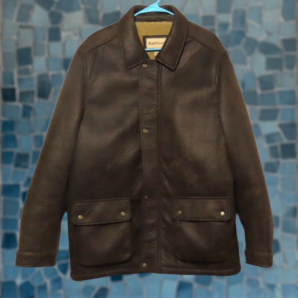 Vintage Ruff Hewn Jacket Bomber Mens Large Brown Faux Leather Sherpa Lined Zip Snap Coat Size US L / EU 52-54 / 3 - 1 Thumbnail