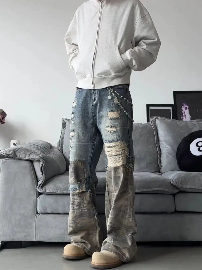 Designer × Japanese Brand Ripped Camouflage Spliced Denim Trousers Size US 31 - 2 Thumbnail