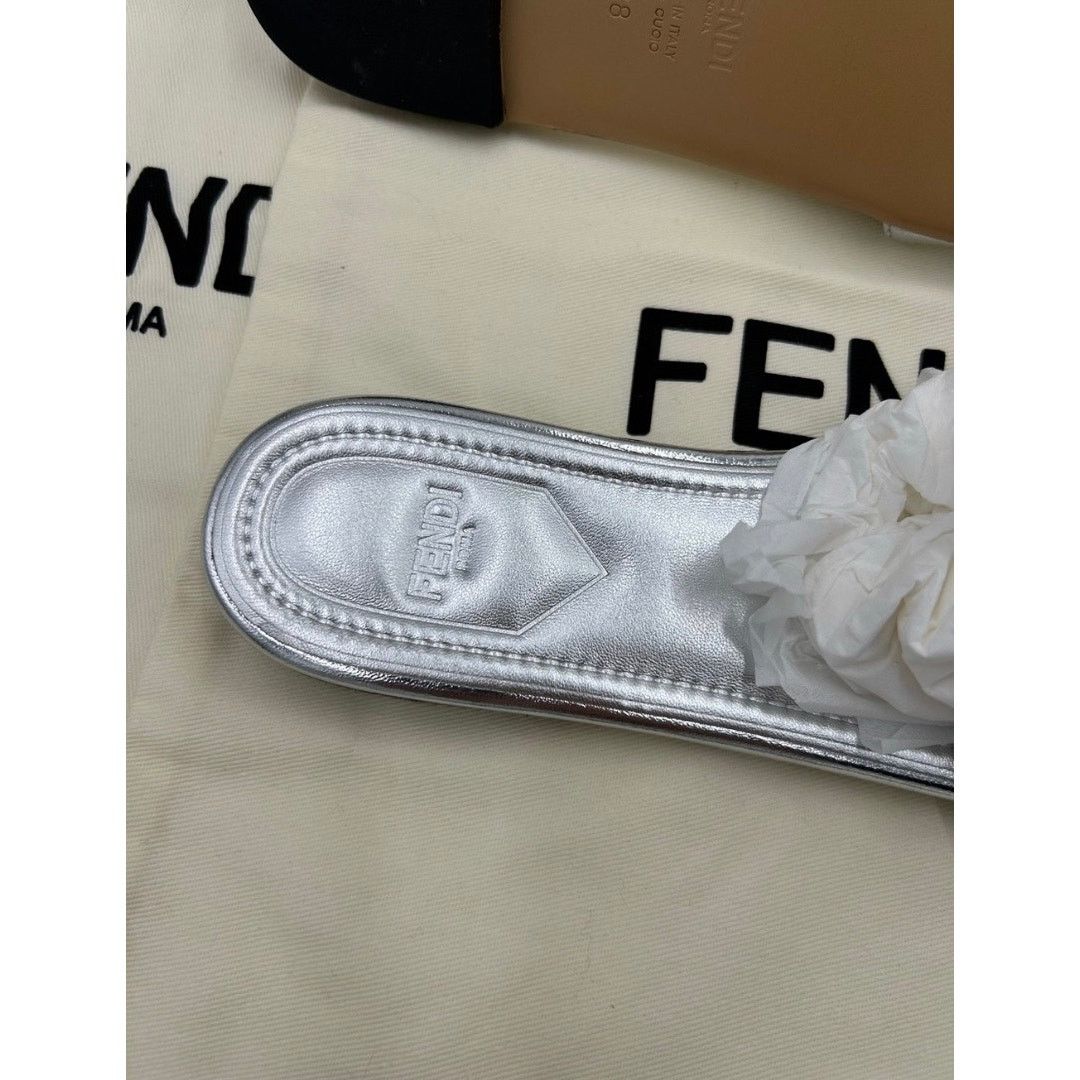 Fendi Fend Silver Slide Sandals - Metallic Leather Flat size 38 Size US 8 / IT 38 - 7 Thumbnail