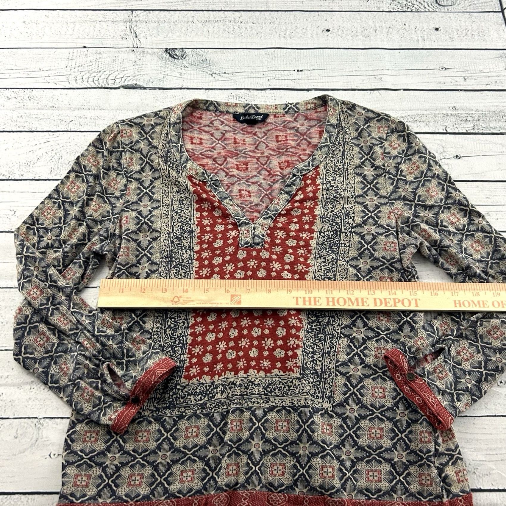 Lucky Brand Lucky Brand V-Neck 3/4 Sleeve Top Women M Red Blue Tan blouse Shirt Womens Vintage Modern Casual Tee Size M / US 6-8 / IT 42-44 - 4 Thumbnail